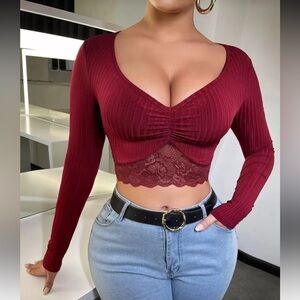 Elegant Burgundy Lace Trim Crop Top